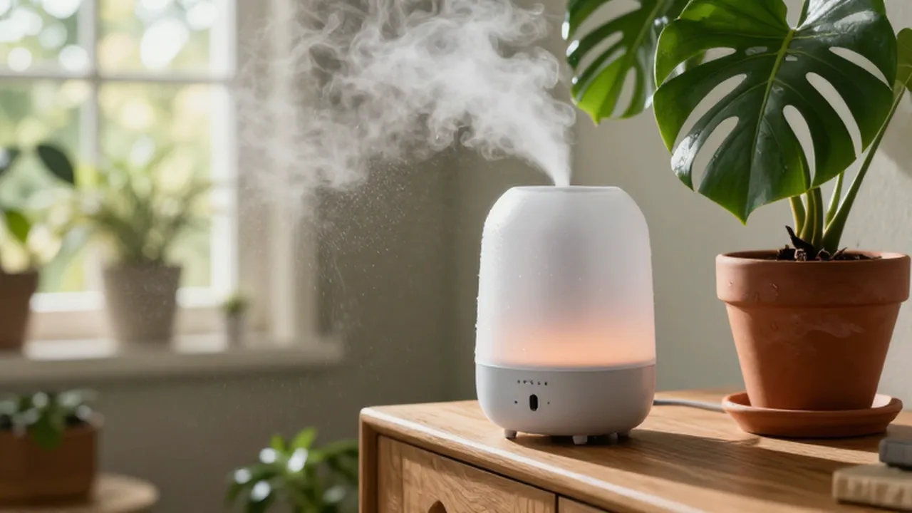 Humidificador moderno emitiendo una fina niebla junto a una planta Monstera en una mesa de madera.
