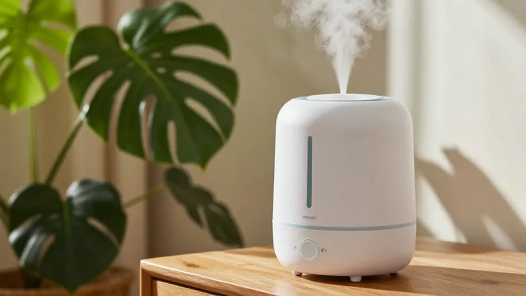 Humidificador blanco moderno emitiendo vapor junto a una planta Monstera en una mesa de madera.