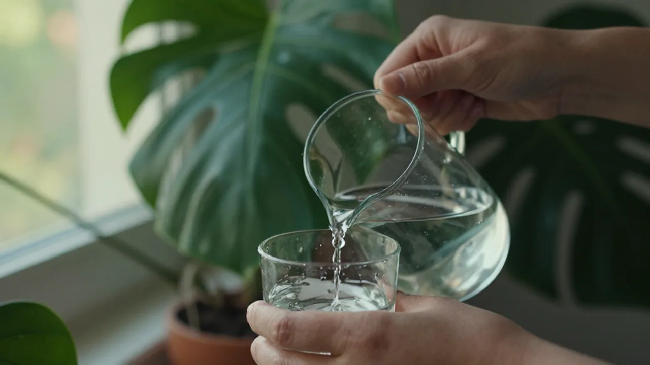 Manos mezclando fertilizante líquido en una regadera de cristal junto a una planta monstera.