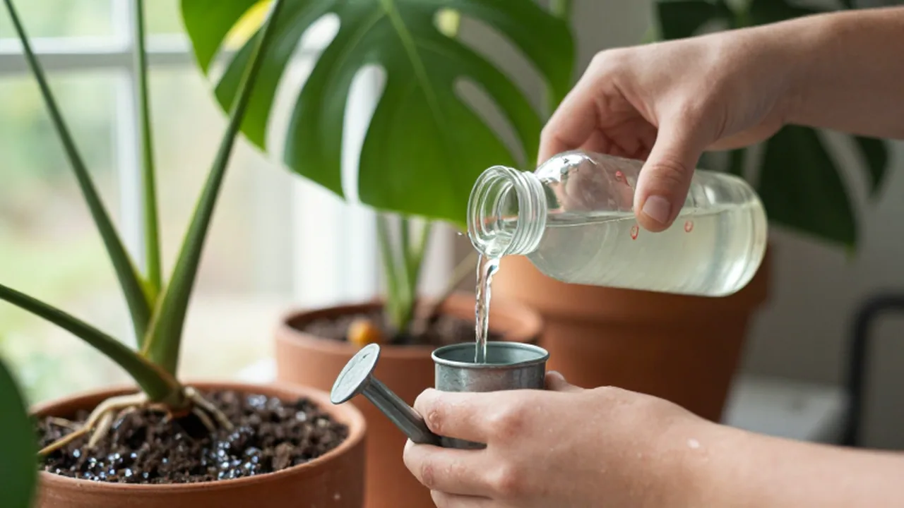 Manos vertiendo fertilizante líquido en una regadera junto a una planta Monstera deliciosa.