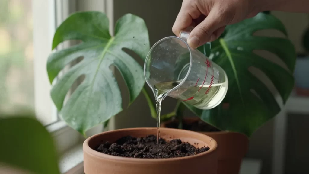 Manos vertiendo fertilizante líquido en la tierra de una planta monstera deliciosa.