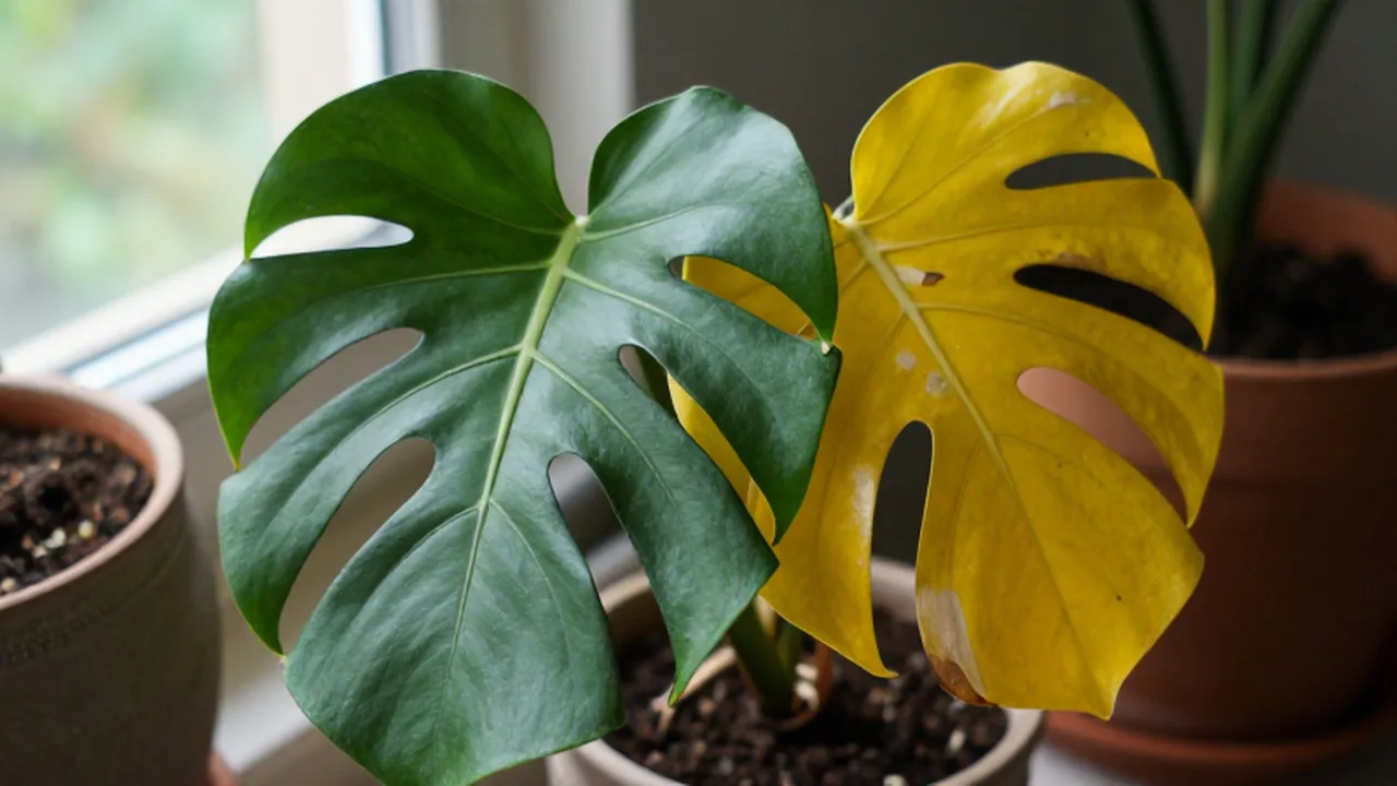 Hoja nueva y verde de una Monstera deliciosa junto a una hoja madura amarillenta.