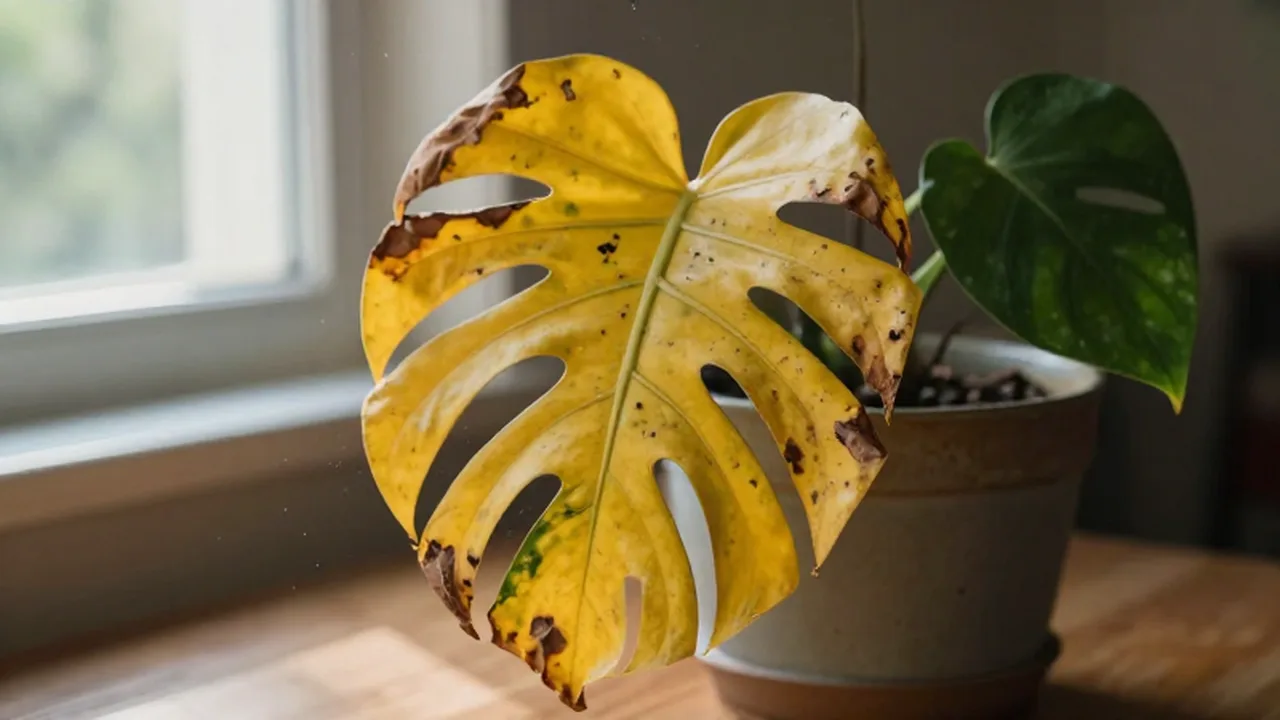 Planta Monstera marchita con hojas amarillentas y bordes secos sobre una mesa de madera.