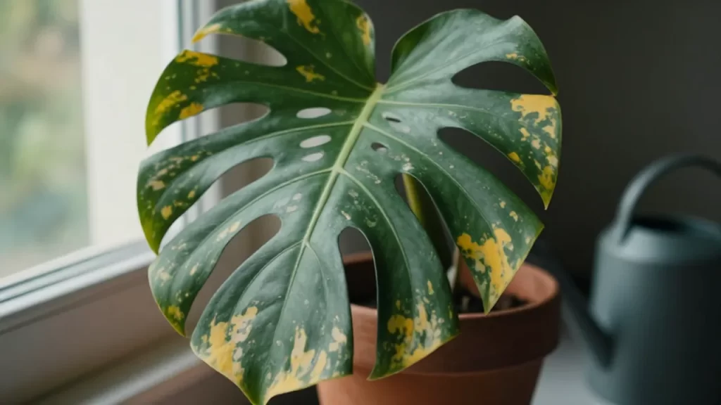 Primer plano de una hoja de Monstera deliciosa con manchas amarillas y signos de deficiencia nutricional.