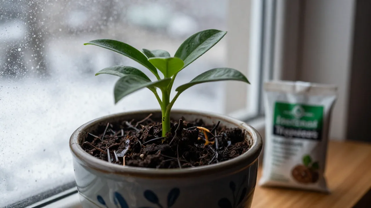 Planta de interior en una maceta de cerámica junto a una ventana empañada en invierno.