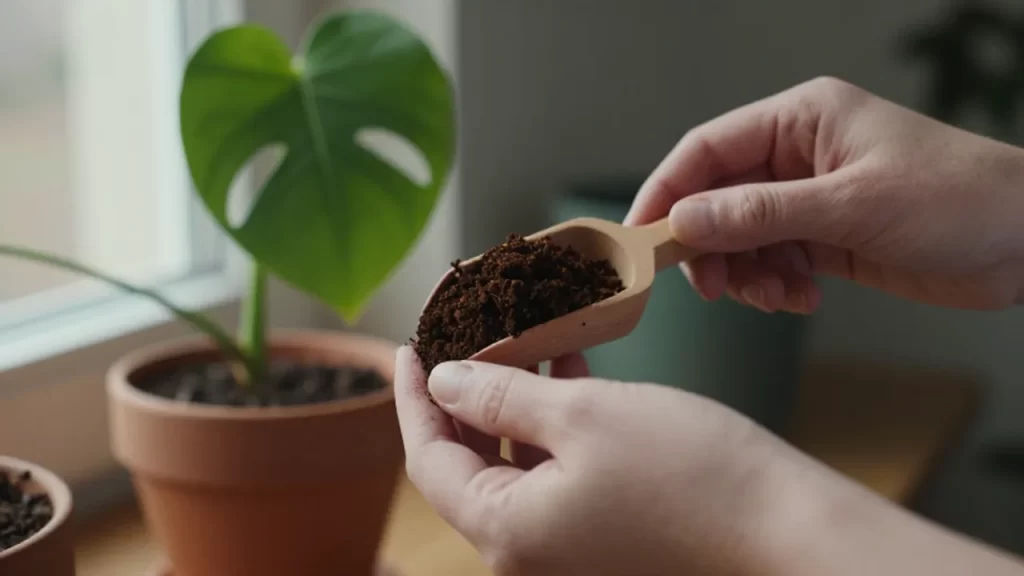 Manos usando una cuchara de madera para añadir compost orgánico a una planta monstera.
