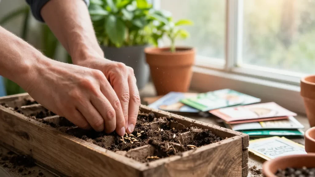 Manos de un jardinero plantando semillas orgánicas en macetas de terracota bajo la luz del invernadero.