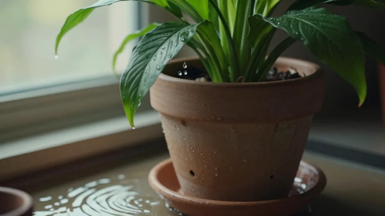 Planta de lirio de la paz absorbiendo agua de un plato de cerámica bajo la luz del sol.