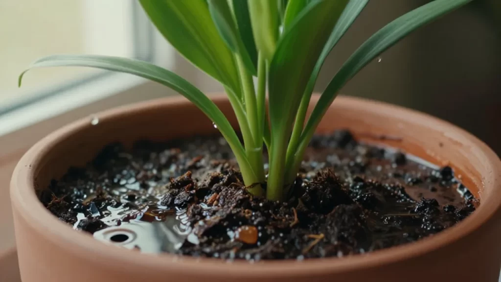 Planta verde en una maceta de terracota absorbiendo agua desde una bandeja a la luz del sol.
