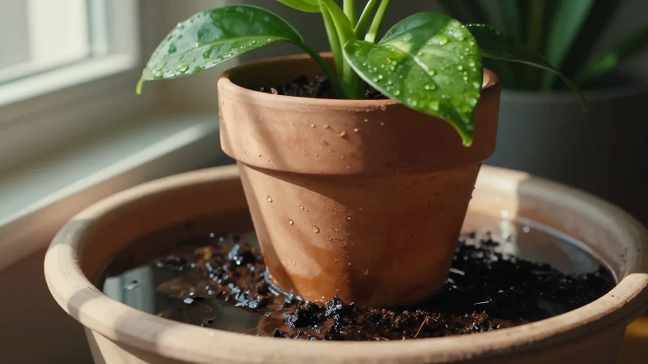 Una maceta de terracota con una planta verde se sumerge en un cuenco con agua.