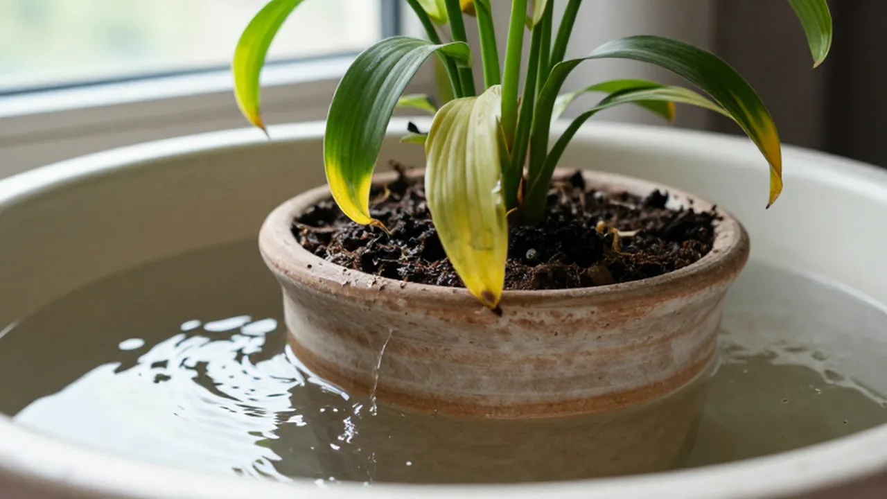 Planta de interior con hojas amarillentas sumergida en exceso de agua dentro de una maceta de cerámica.