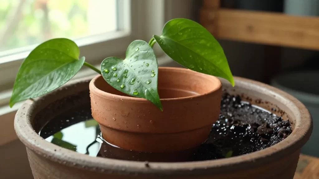 Maceta de terracota con tierra húmeda sumergiéndose parcialmente en un cuenco de cerámica con agua.