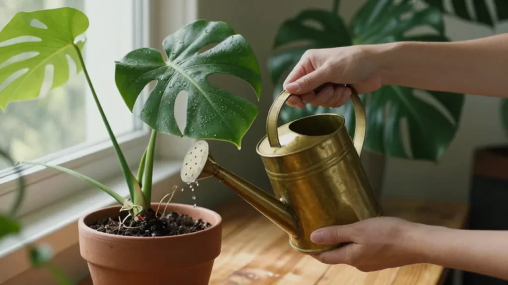 Manos regando una planta Monstera Deliciosa con una regadera de latón sobre una mesa de madera.