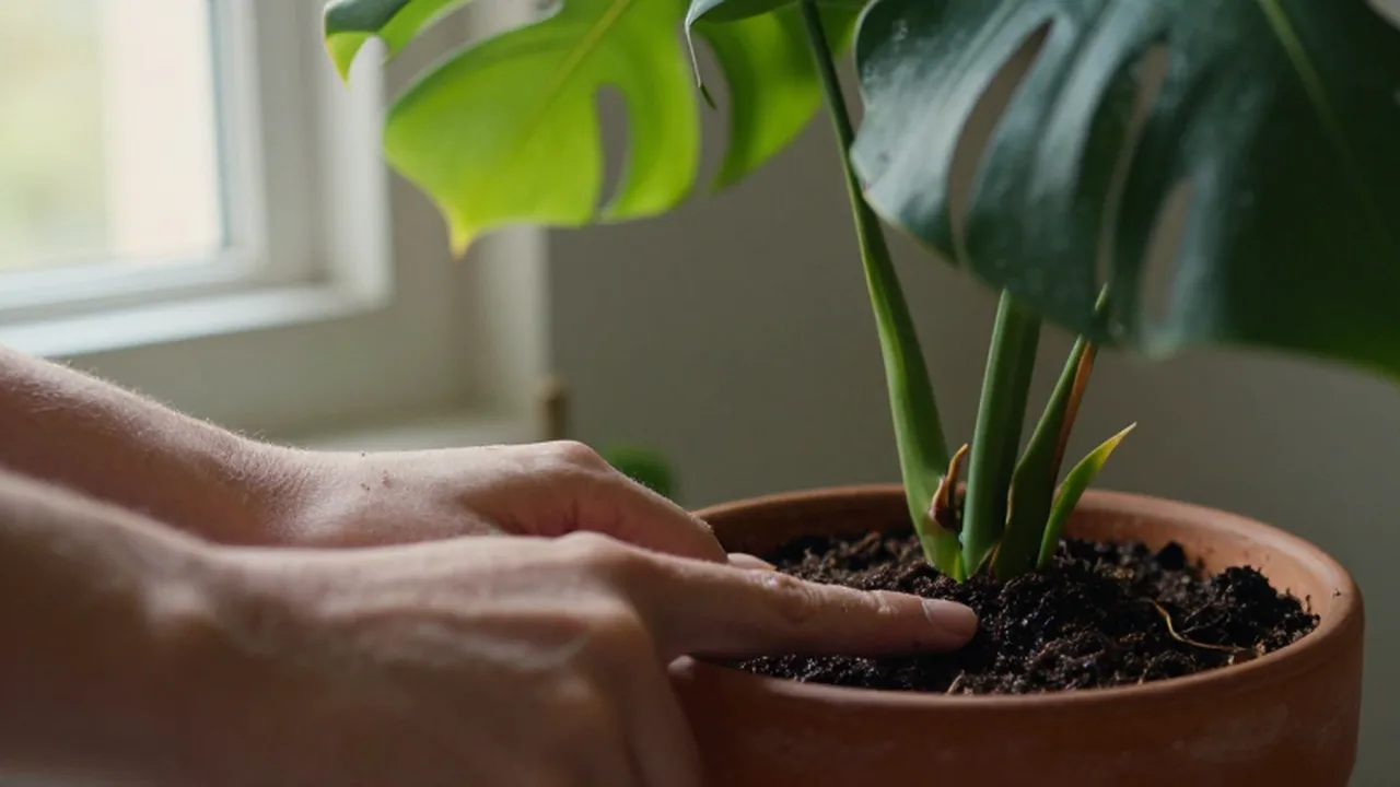 Una mano comprueba la humedad de la tierra en la maceta de una Monstera Deliciosa.