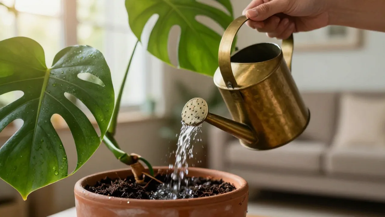 Una mano riega con una regadera de latón una planta Monstera en una maceta de terracota.