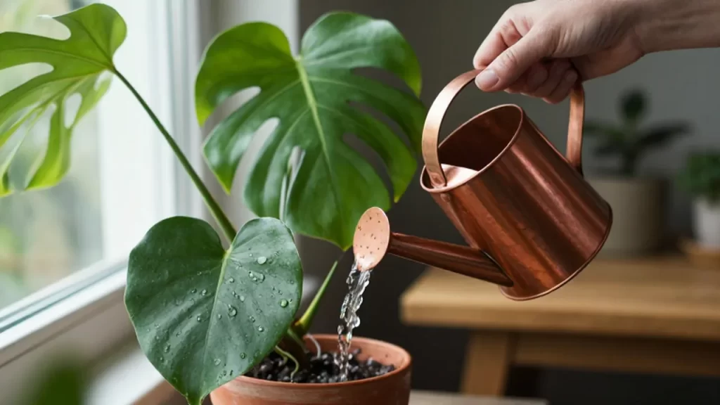 Una mano riega con una regadera de cobre una planta Monstera en una maceta de terracota.