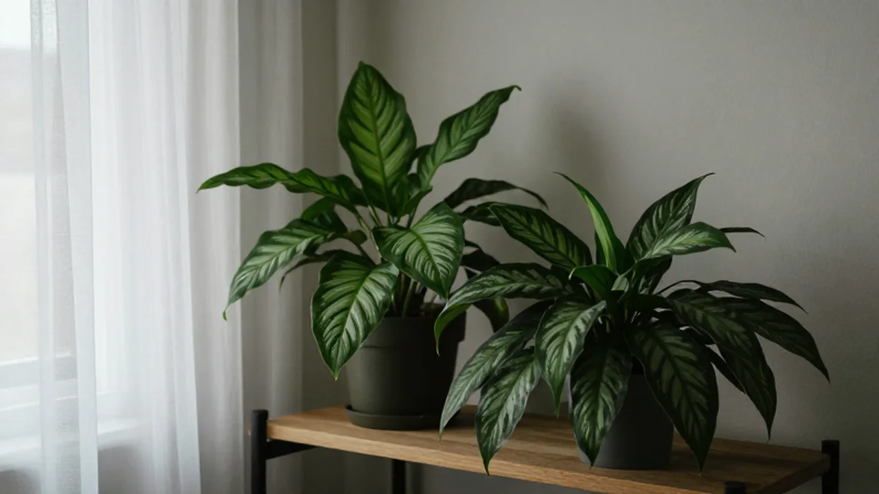 Plantas de interior Calathea y Sansevieria dispuestas sobre una estantería de madera con luz natural.