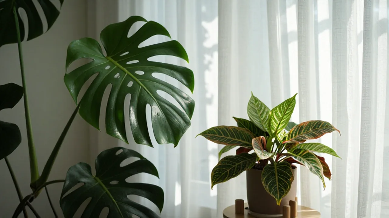 Plantas Monstera y Calathea en un soporte de madera iluminadas por la luz suave de la mañana.