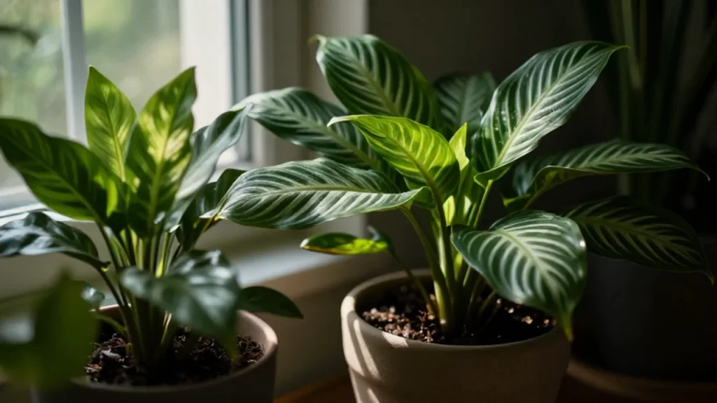 Plantas de hojas verdes y texturizadas crecen en macetas de cerámica bajo una luz suave.