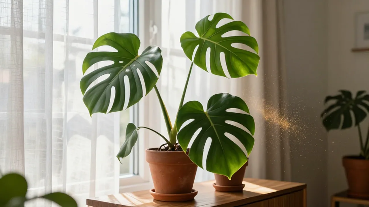 Planta Monstera deliciosa en una maceta de terracota sobre un aparador de madera iluminado por el sol.