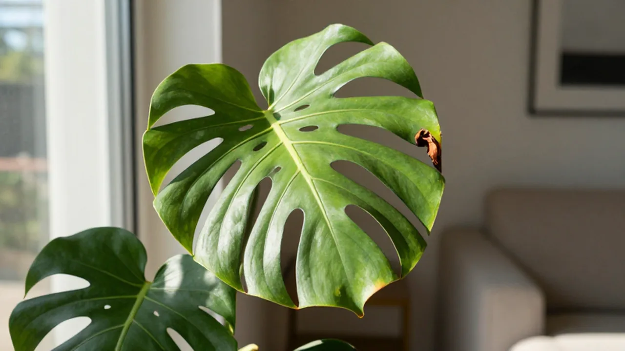Planta Monstera Deliciosa junto a una ventana soleada con hojas verdes y bordes ligeramente quemados.