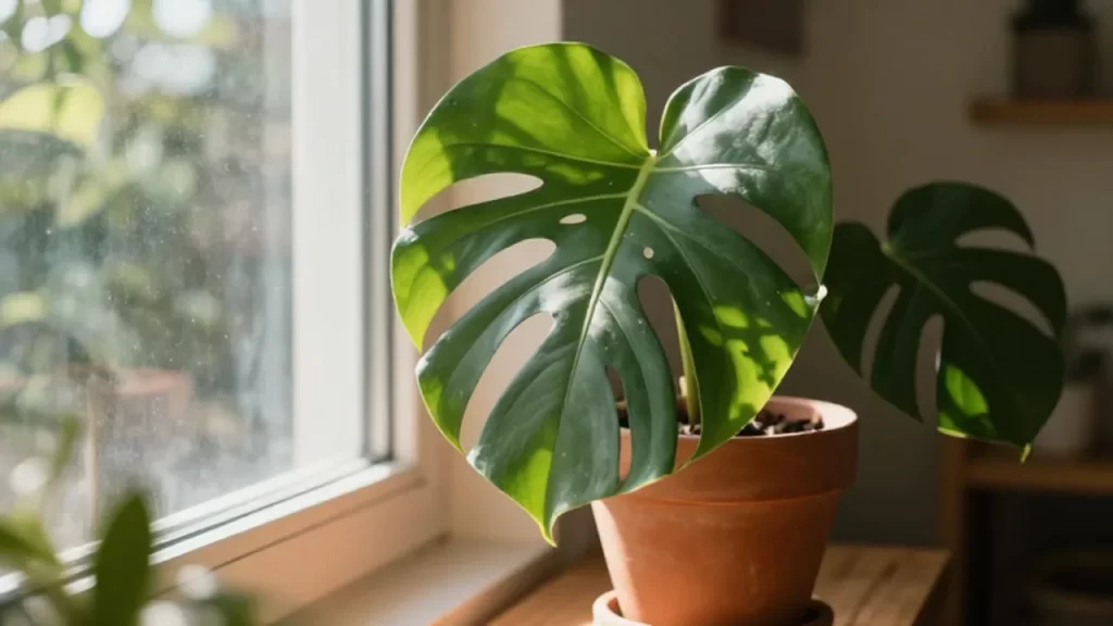 Planta Monstera Deliciosa en una maceta de barro sobre un alféizar de madera iluminado por el sol.