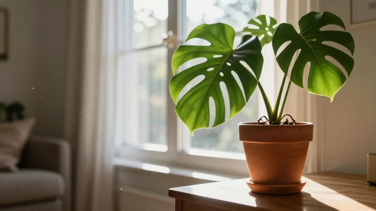 Una planta Monstera Deliciosa en una maceta de barro iluminada por la luz matutina.