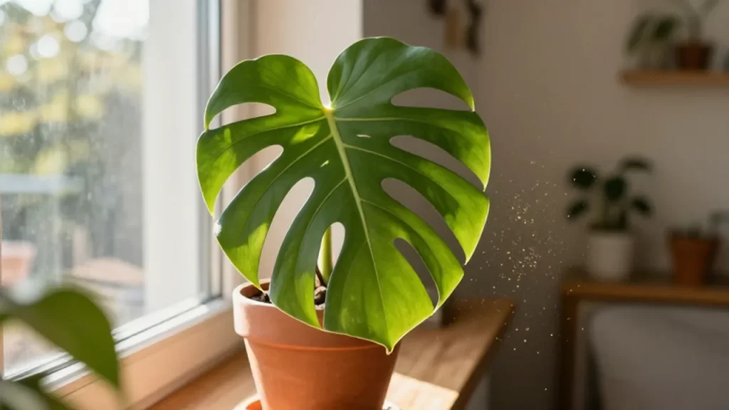 Hoja de Monstera deliciosa iluminada por la luz del sol en un alféizar de madera.