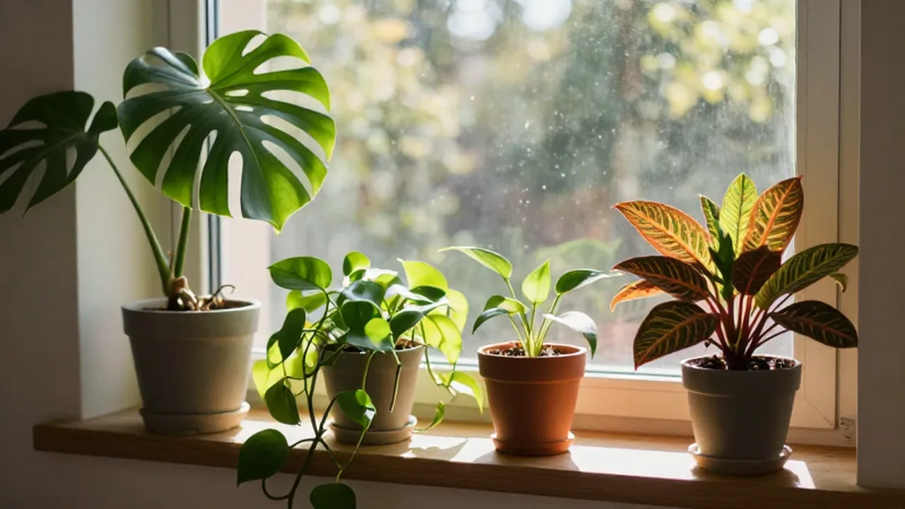 Variedad de plantas de interior, como una Monstera y un Pothos, en un alféizar iluminado por el sol.