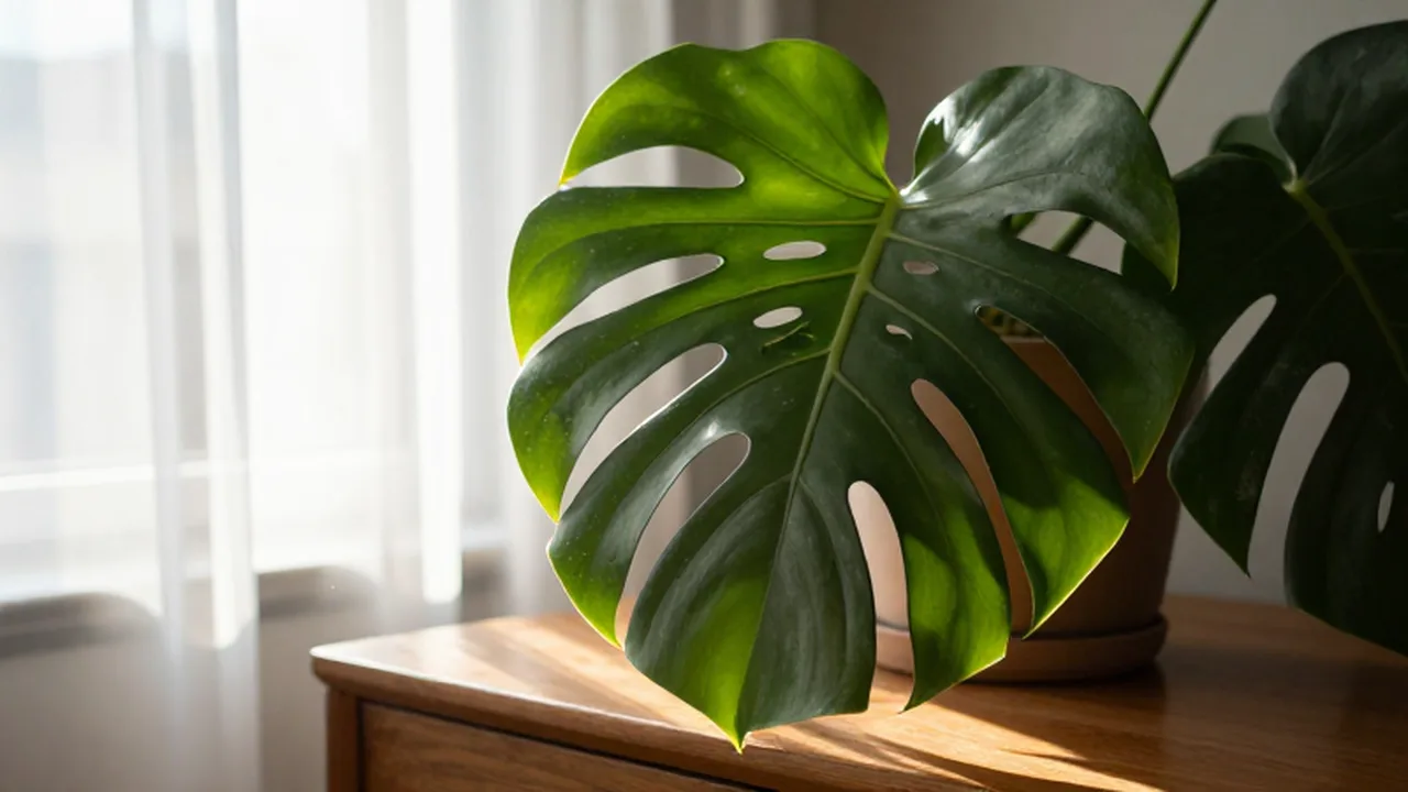 Planta de Monstera Deliciosa sobre un aparador de madera iluminada por la luz de la mañana.