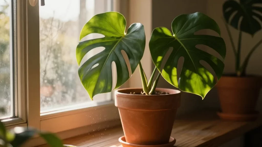 Planta Monstera deliciosa en una maceta de terracota sobre el alféizar de una ventana iluminada por el sol.