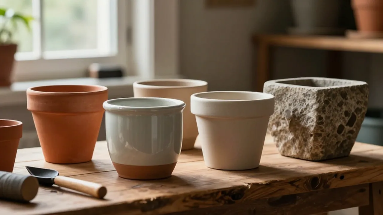 Diferentes tipos de macetas de terracota, cerámica, plástico y piedra sobre un banco de madera.