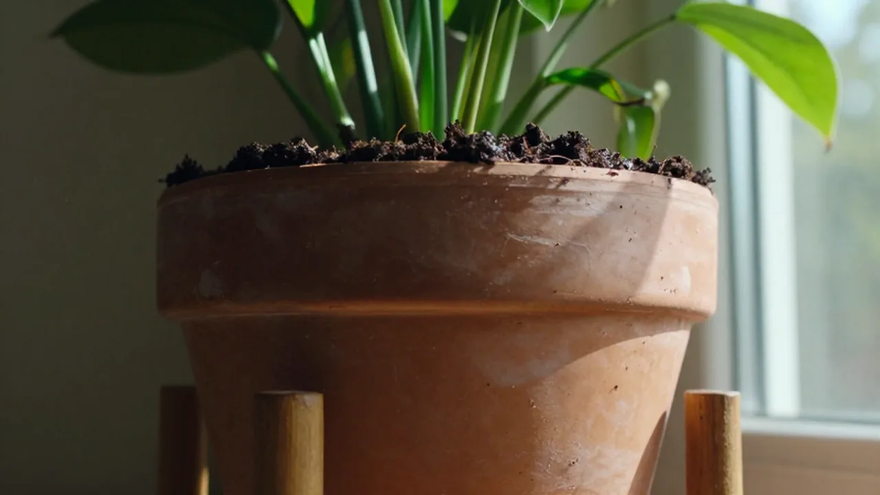 Maceta de terracota con plantas verdes exuberantes sobre un soporte de madera bajo la luz solar.