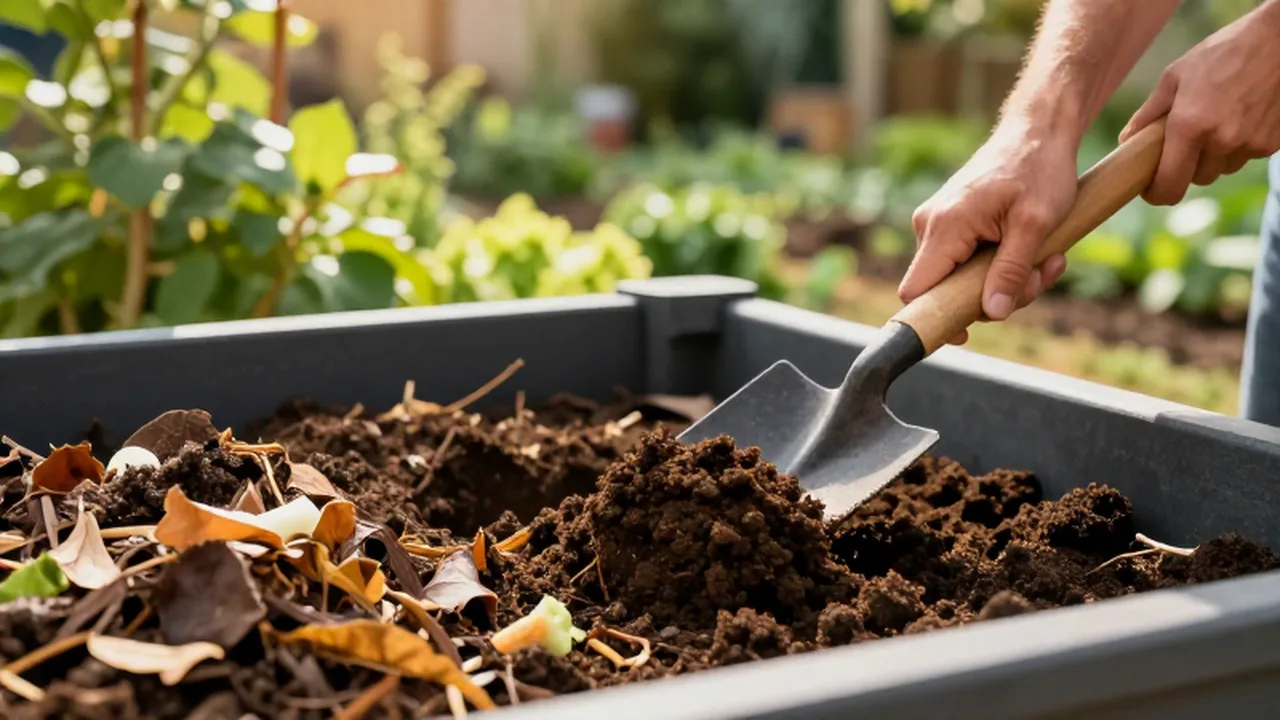 Manos de un jardinero removiendo compost con una pala de madera en un contenedor.