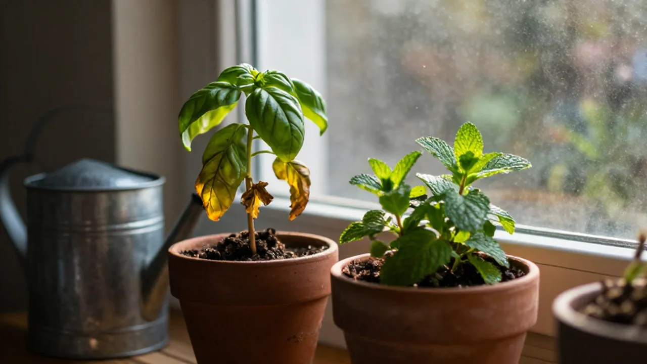 Planta de albahaca marchita junto a una menta saludable en macetas sobre un alféizar iluminado.