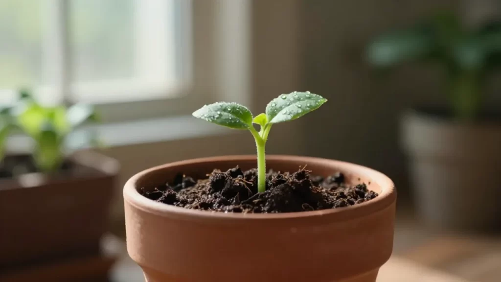 Pequeño brote verde con gotas de rocío creciendo en una maceta de barro bajo la luz solar.