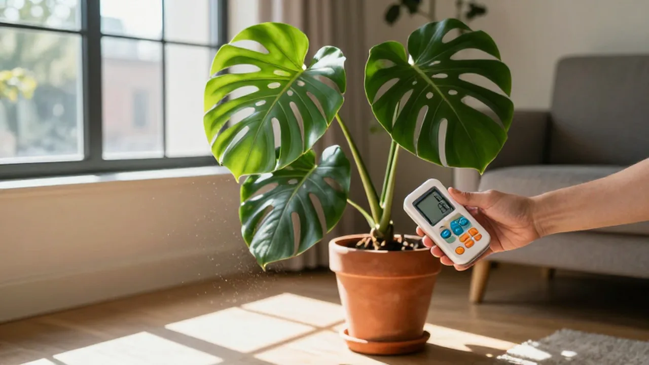 Una mano utiliza un medidor de luz cerca de una planta Monstera en un salón soleado.