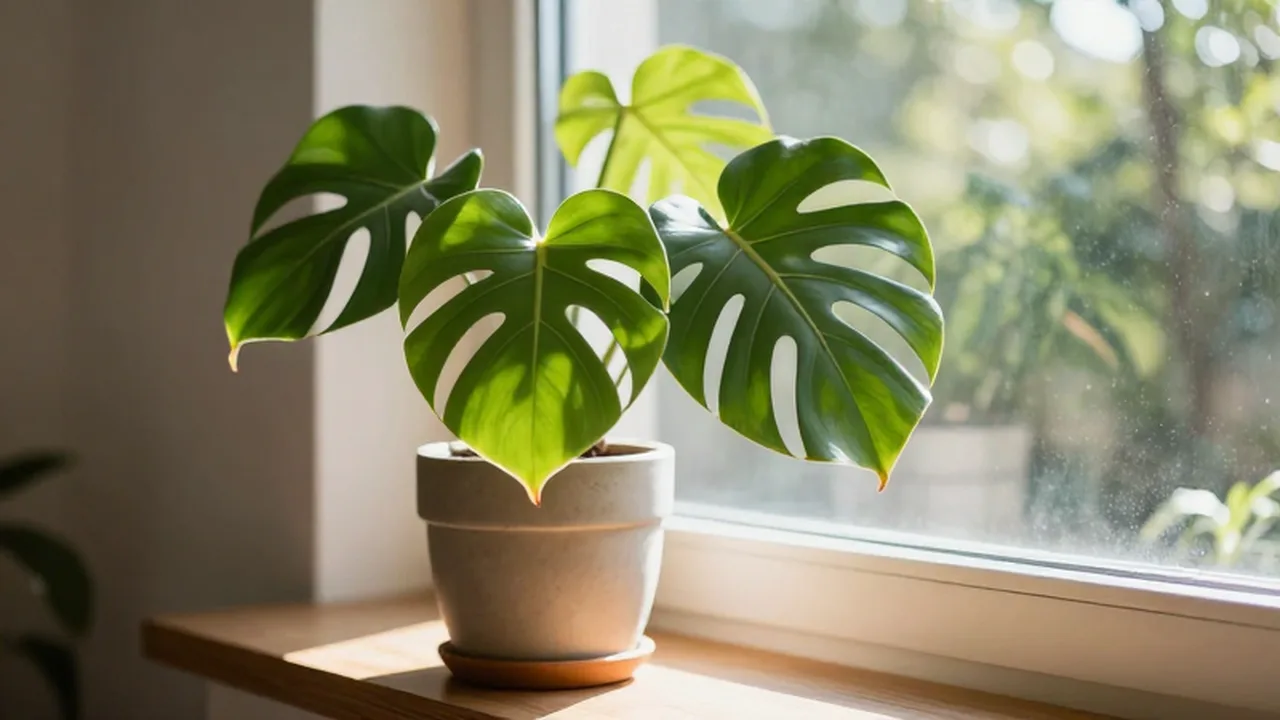 Planta de Monstera Deliciosa en una maceta sobre el alféizar de una ventana bajo la luz solar.