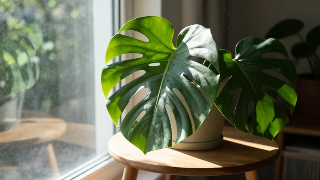 Planta Monstera deliciosa con hojas verdes vibrantes iluminada por la luz solar junto a una ventana.