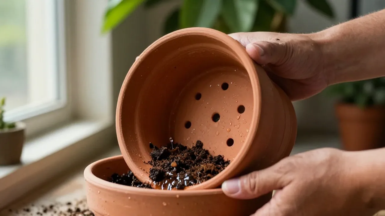 Manos de jardinero sostienen una maceta de terracota con tierra húmeda mientras el agua drena por los agujeros.