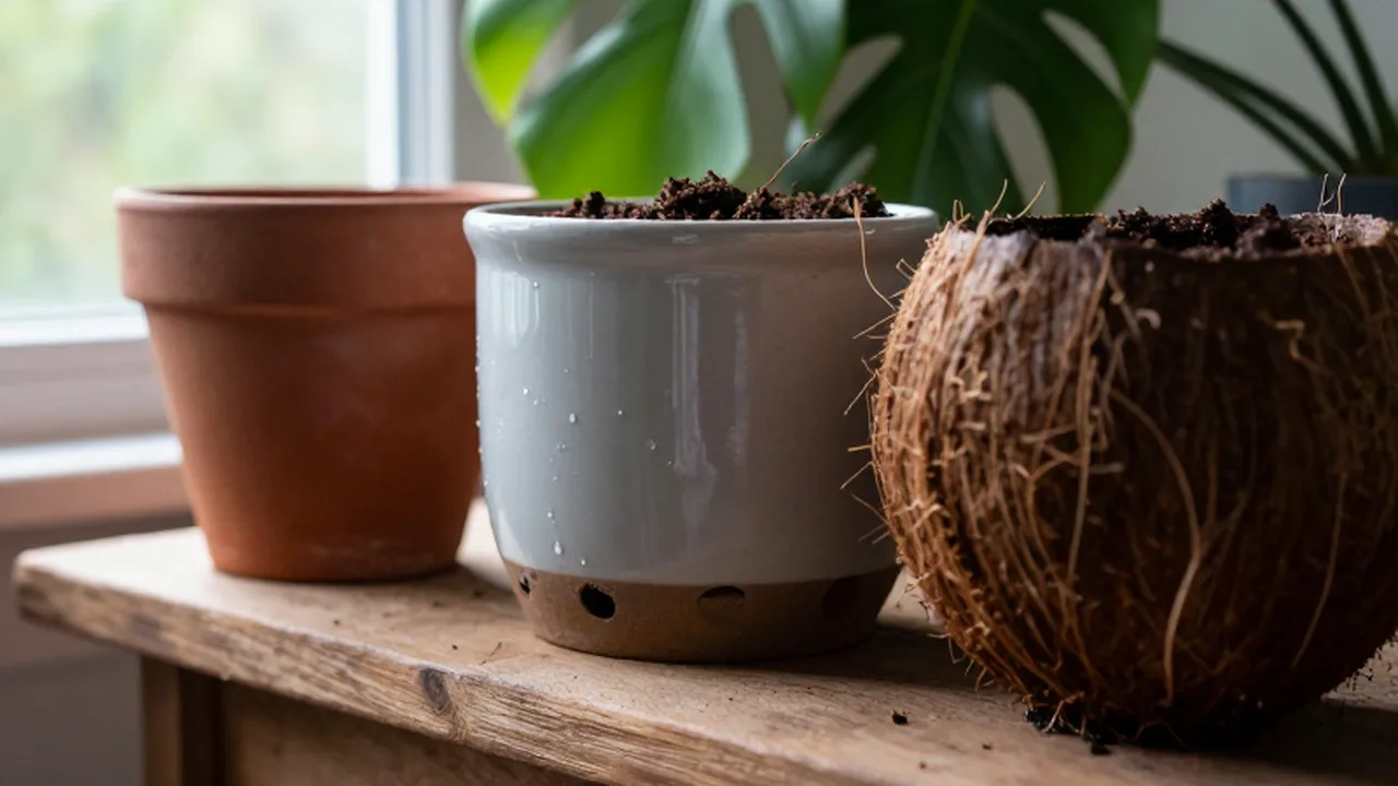 Macetas de barro, cerámica y fibra de coco sobre un banco de madera con hojas de Monstera.