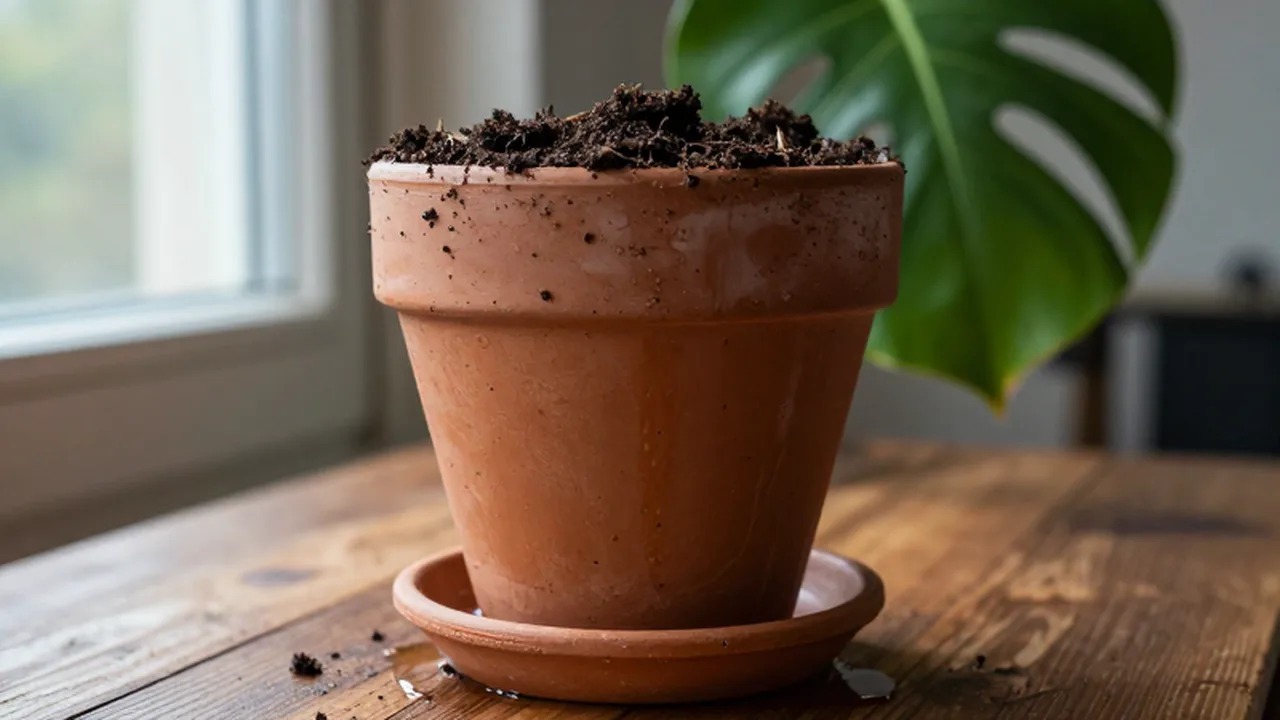Maceta de terracota con tierra húmeda y exceso de agua en un plato sobre mesa de madera.