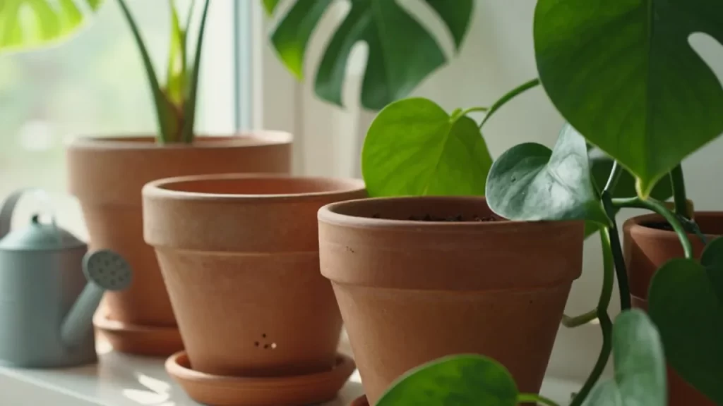 Variedad de macetas de terracota con plantas verdes exuberantes bajo la luz del sol.