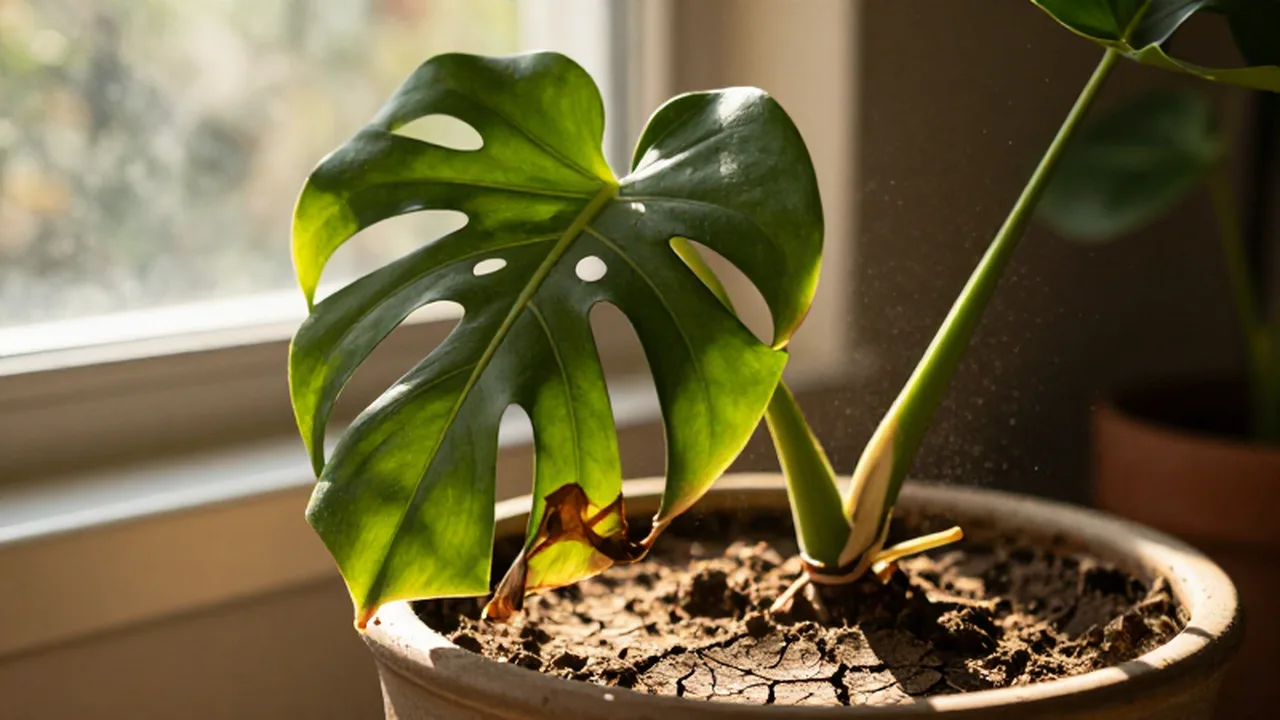 Planta de monstera deliciosa marchita con hojas secas y tierra agrietada bajo la luz solar.