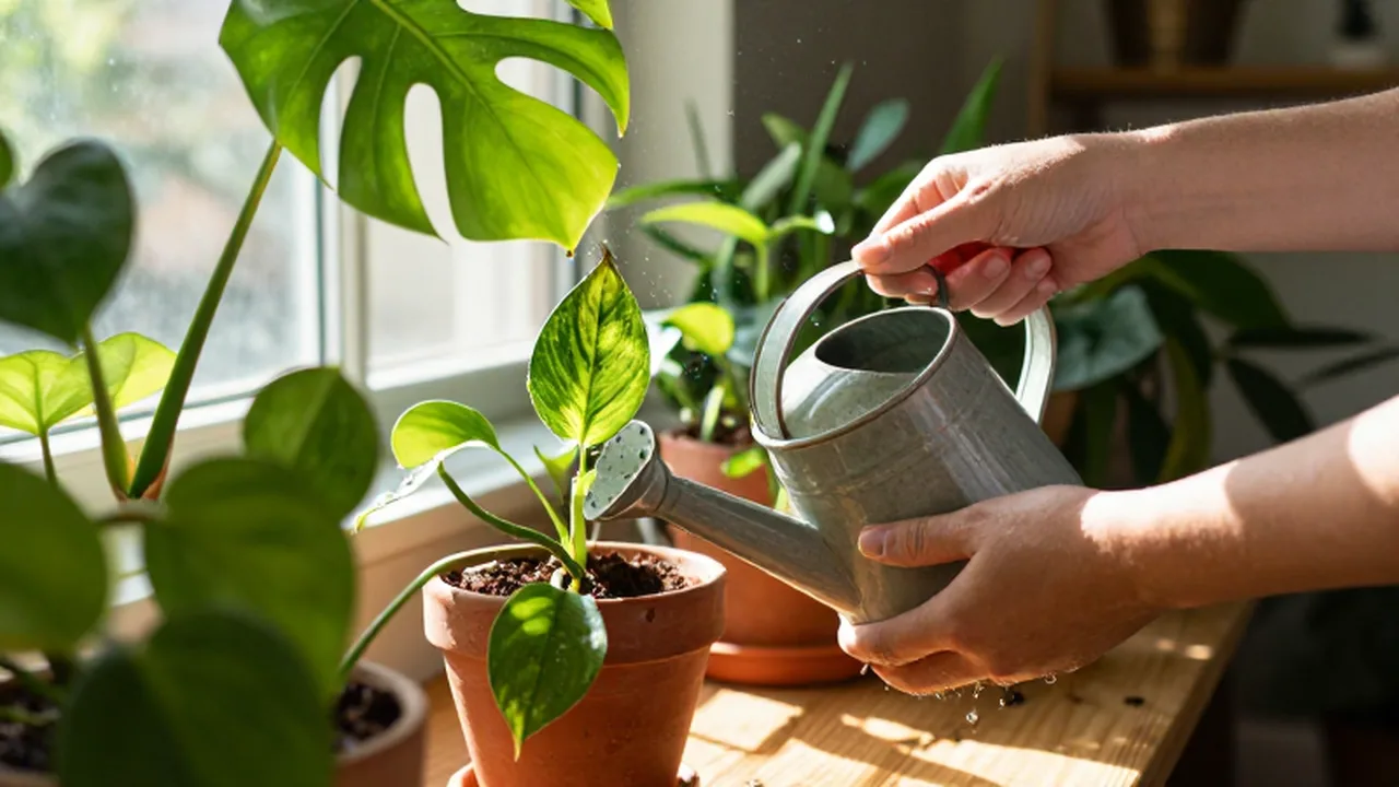 Manos regando plantas de interior con una regadera de cerámica bajo la luz del sol.
