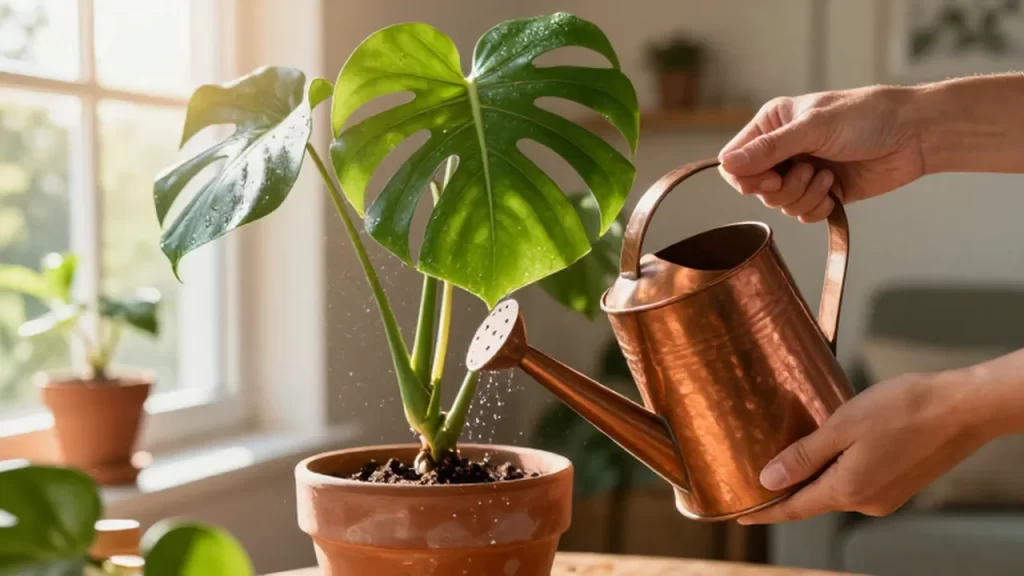 Manos regando con una regadera de cobre una planta Monstera en un jardín interior soleado.
