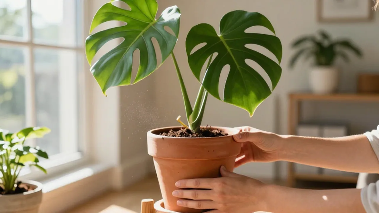 Unas manos rotan suavemente una planta Monstera en una maceta de terracota bajo la luz del sol.