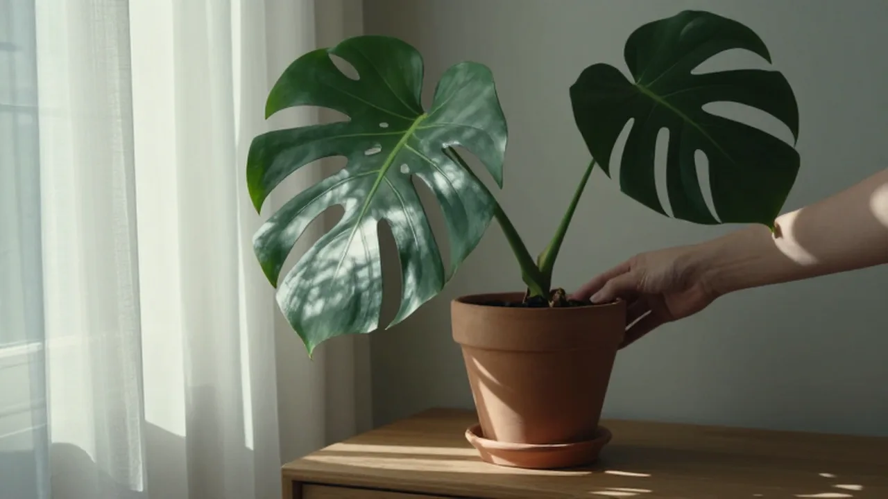Una mano gira suavemente una planta Monstera en una maceta de terracota junto a una ventana soleada.