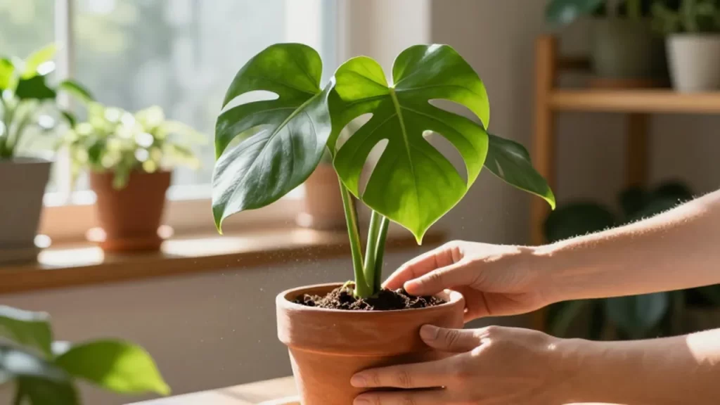 Manos rotando una planta Monstera Deliciosa en una maceta de terracota bajo la luz del sol.