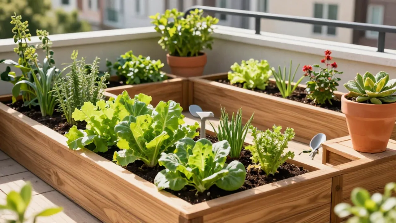 Huerto urbano con hortalizas y hierbas aromáticas en jardineras de madera sobre un balcón soleado.